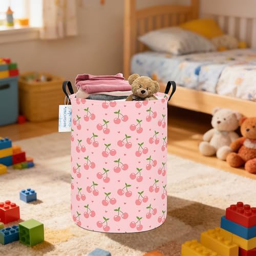 Round Laundry Basket Collapsible Storage Hamper Organizer Pink Cherry | Waterproof Canvas Foldable Baskets with sturdy Handles Multi-scene Organizer for Home Play Bedroom Gift Bin