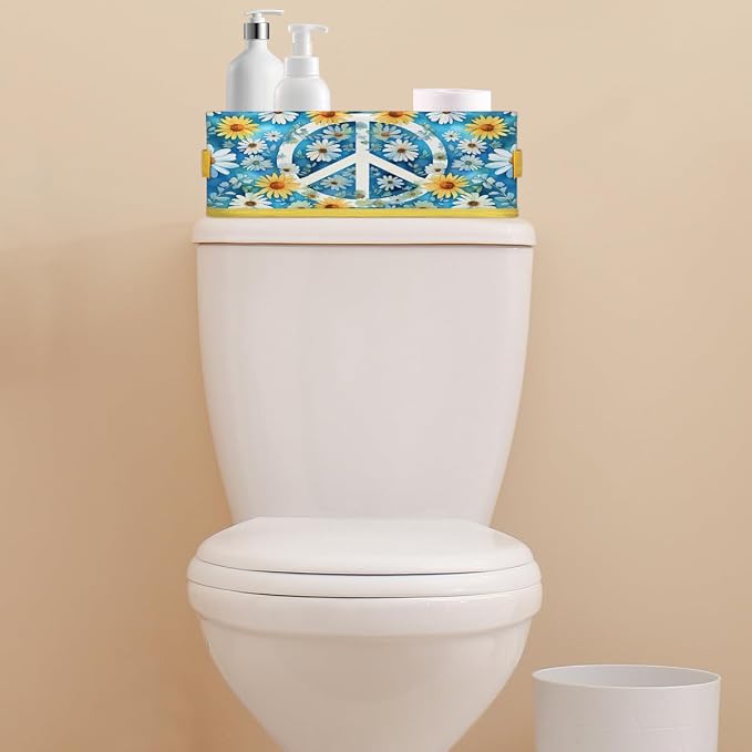Peace Sign Daisy Bathroom Storage Basket, Foldable with Handle Open Countertop Paper Towel Decorative Box, Toilet Tank Top Shelf Baskets for Home Closet Bedroom Living Room Office