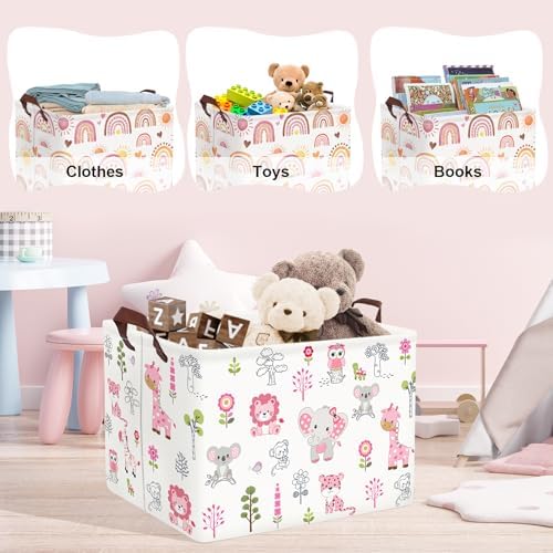 Clastyle Large Woodland Animal Baby Shower Bakset Pink Book Gift Bin, 36L | Foldable Dirty Clothes Toy Organizer Bin, Playroom Bedroom Bathroom, Girl Nursery Decor Laundry Hamper, Jungle Elephant Lion