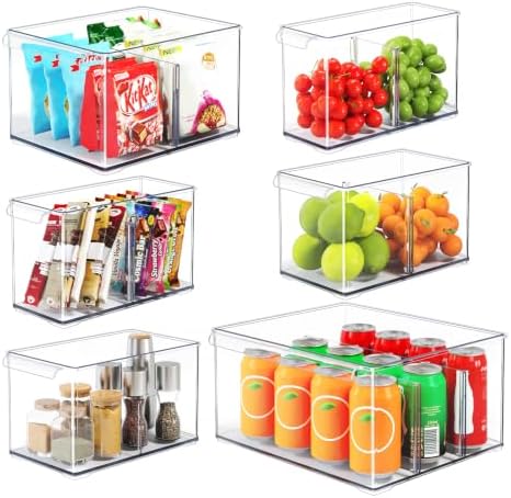 6 Pack Pantry Storage Bins with Divider, Fridge Organizer Large