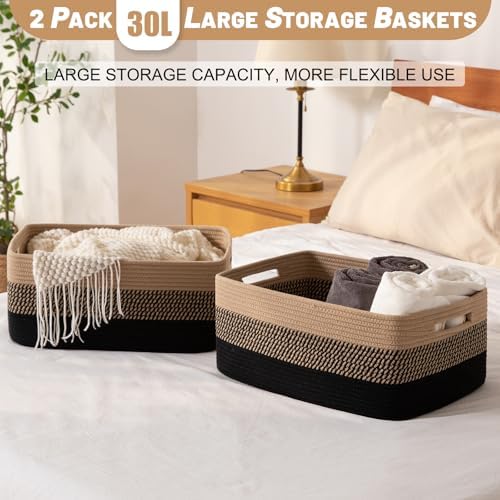 OIASKET Large Storage Basket for Organizing, Woven Rope Basket for Shelves, Closet Organizer Bins for Clothes, Blanket, Toys, Baby Nursery Storage, 17.7" x 13" x 7.87", 2 Packs Black & Brown