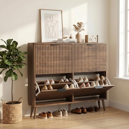 KIGOTY Narrow Shoe Storage Cabinet, Shoe Cabinet with 4 Flip Drawers, Freestanding Shoe Organizer with Legs for Entryway, Slim Shoe Rack Cabinet for Enterway (Walnut, 4 Flip Drawer)
