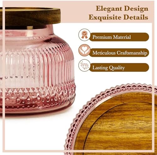 Decorative Pink Ribbed Glass Jar with Airtight Wooden Lid, 25.4 fl. oz | Wide mouth vintage storage canister, kitchen pantry bathroom organization, coffee sugar tea cookie candy candle vase gift