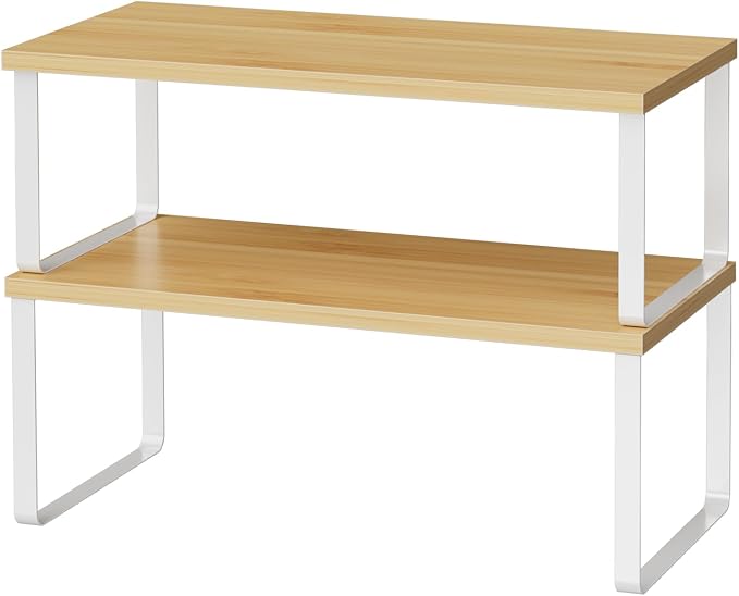 OGEMXU Cabinet Shelf Organizers, 15.7 inches Large Kitchen Counter Shelf, Set of 2 Wood Kitchen Pantry Organizer, Storage Shelves for Countertop, Spice Rack, Stackable, Expandable, Metal White, Nature