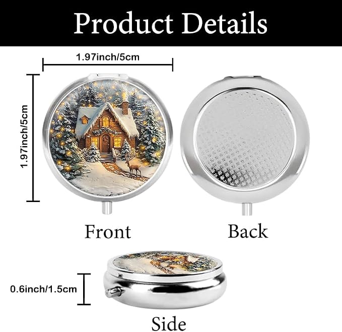 Portable Round 3 Compartment Metal Pill Box Beautiful Wall Hanging with Christmas House for Holiday Celebration Travel and Everyday Organization
