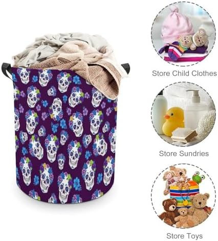 Large Capacity Foldable Hamper Flowers And Skulls Purple, Waterproof Laundry Basket with Handles for Bedroom, Bathroom, and Clothes Storage