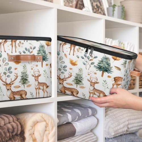 Cute Wild Deer Storage Box with Zipper Lid | Collapsible, Fabric, Storage Bin, Handle, Large, Closet Organizer, Containers, Bedroom, Home, Eucalyptus Leaf