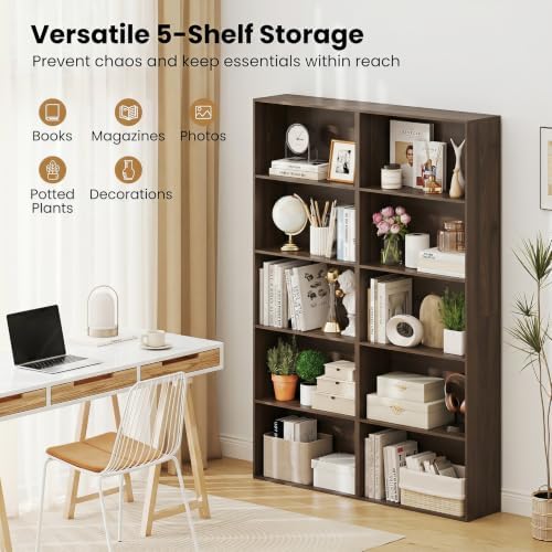 GIANTEX 5-Tier Bookshelf Set of 2, Freestanding Bookcase with 5 Open Shelf | Modern Display Shelf, Storage Organizer for Living Room, Home Office, Dark Walnut