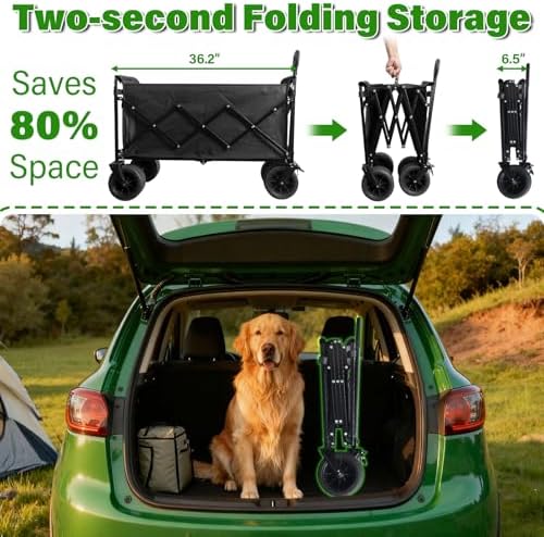 Folding Wagon Cart with All-Terrain Wheels – Heavy Duty Collapsible Utility Wagon for Grocery, Sports, Garden, Camping, Shopping (Black 600LBS)