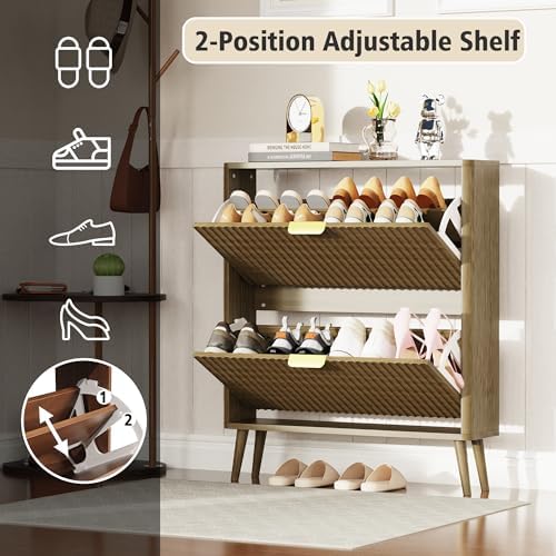 KIGOTY Narrow Shoe Storage Cabinet, Shoe Cabinet with 2 Flip Drawers, Freestanding Shoe Organizer with Legs for Entryway, Slim Shoe Rack Cabinet for Enterway (Light Brown, 2 Flip Drawer)