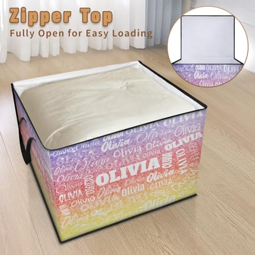Custom Comforters Storage Basket with Lid, Personalized Name Large Organizer Bin for Pet/Children Toys, Books, Clothes, Perfect for Rooms/Playroom, Gradient Colorful Purple Yellow Red Glittery