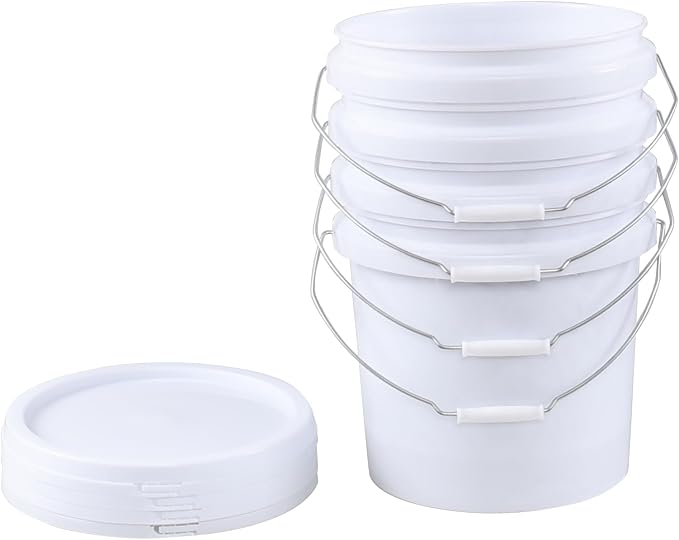 4 Gallon Food Grade Bucket with Lid, 4 Pack Bucket Pails | Round White All-Purpose Pails for Storage, Prep, Fermenting, Cleaning, Durable Reusable Containers with Handle