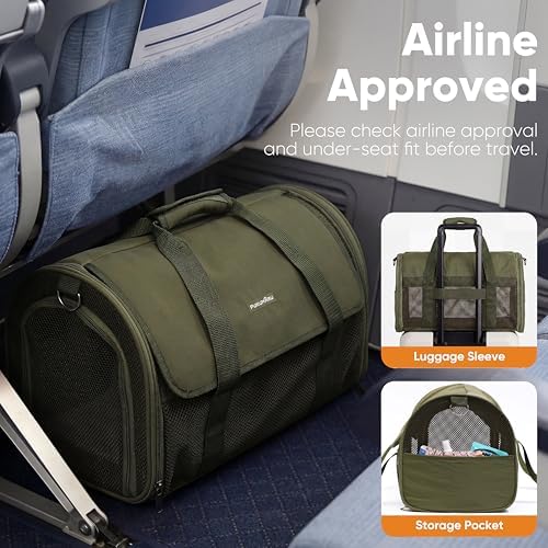 FUKUMARU Cat Carrier Soft, Ultra Lightweight Airline Approved Dog Carrier | Kitten Carrier with Anti-Scratch Mesh, Breathable Small Dog Carrier Bag, Collapsible Pet Carrier for Cats Under 15 lb, Green