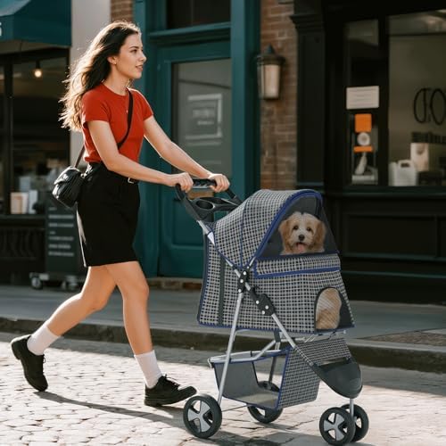 Foldable 3-Wheel Pet Stroller for Small/Medium Dogs & Cats, Plaid | Storage Basket & Cup Holder, Breathable Mesh Cover, Lightweight and Durable, for Small to Medium Pets, up to 33 lbs