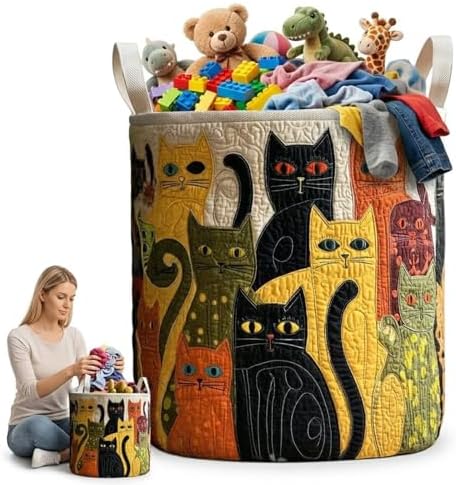 Collapsible Laundry Basket, Quilted Fabric Laundry Hamper with Handles, Cute Cats Storage Bin for Clothes Bedroom Decor(14"x 18")
