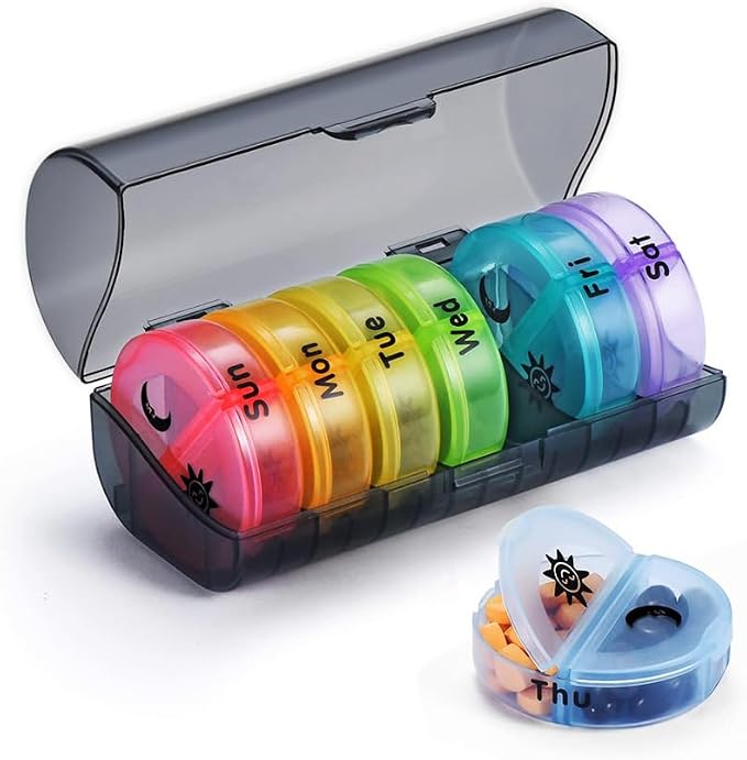 Weekly Pill Case Organizer, Twice a Day, AM PM Vitamin Reminder | Colorful 14 Compartments with Box, Portable Travel Daily Medicine Dispenser Planner for Supplement, Fish Oil, Capsule