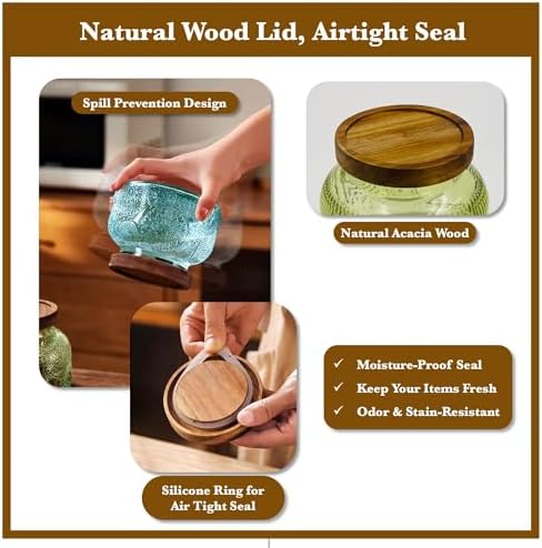 Decorative Amber Ribbed Glass Jar with Airtight Wooden Lid, 25.4 fl. oz | Wide mouth vintage storage canister, kitchen pantry bathroom organization, coffee sugar tea cookie candy candle vase gift