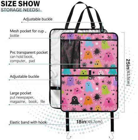 1 Pack Back Seat Car Organizer with Storage Pockets Kick Mats Back Seat Protector Hanging Car Organizer Automotive Seat Back Cover Organizers Hot Pink Halloween Ghost Snowflakes