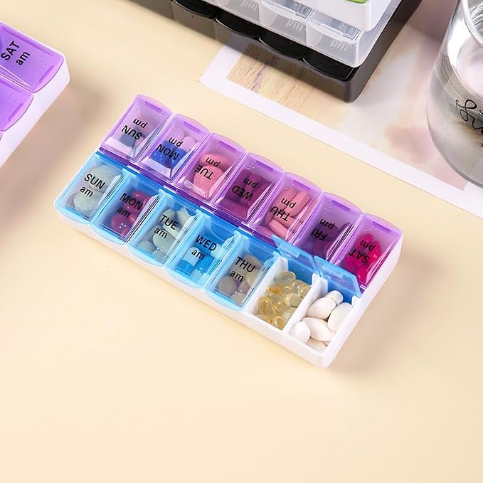 Weekly Pill Organizer Case, Travel Daily Medicine Meds Dispenser | Twice a Day, Vitamin Tablet Container Planner Box for Medication, Fish Oil, Capsule, AM, PM, Morning, Bedtime, Purple + Blue