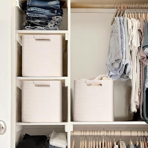 13 Inch Storage Cubes, 3 Pack Cube Storage Bins for Organizing, Cotton Rope Woven Baskets for Shelves, Bathroom, Kids Room, Closets, Baby Nursery