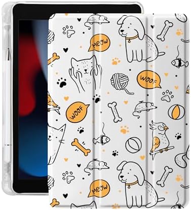 Cute Pets Animal Case for 9.7" iPad Air/iPad Air 2, Clear TPU Smart Stand Back Cover with Pencil Holder, Auto Wake/Sleep Foldable Four-Corner Shockproof Protective Case
