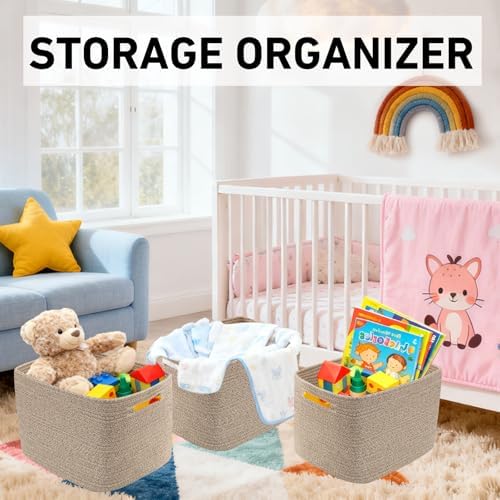 3 Pack Woven Baskets,Storage Baskets for Shelves with Handles | 13.5"×11"×9.5", Closet Baskets, Nursery Organizer for Toys Towels Books, Storage Bin for Living Room Bedroom (Mixed Brown)