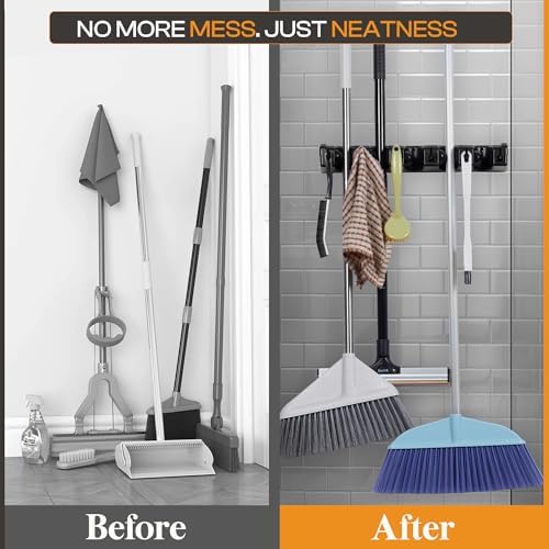 ABS Plastic Broom Holder Wall Mount, 5 Slots & 6 Hooks | Waterproof organizer for mops, brooms, rakes and tools, wall mount with screws for garage, laundry and garden