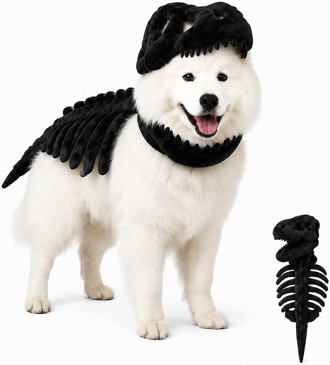 Pet Dinosaur Costume Spinosaurus Skeleton Skull Mask Plush Spine Large Dogs | Soft Lightweight Headpiece with Raised Back Ridge and Tail Suited to Halloween Cosplay Parties Photos Birthdays Large Breeds