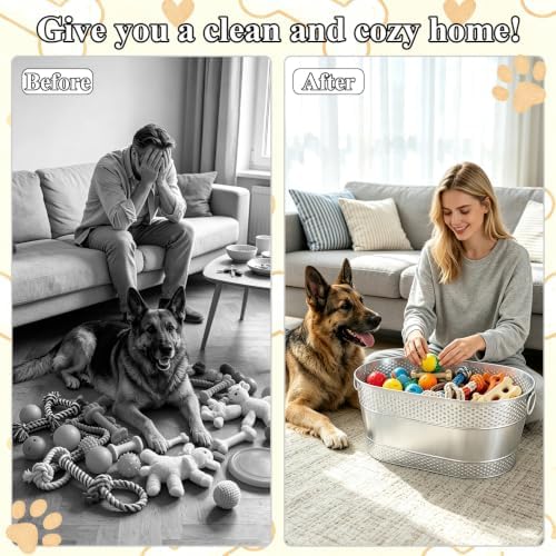 Indestructible Metal Dog Toy Storage Bin, Silver Pet Toy Storage Basket for Living Room Area, Sturdy Chew Proof Puppy Toy Box with Handle, Large Capacity 25 Quart