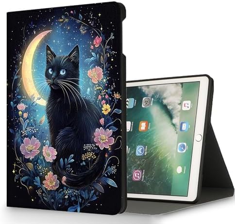 for Microsoft Surface Go 4/3/2/1-10.5" 2021 Tablet Case,Auto Wake/Sleep,Adjustable Stand Protective Cover - Black Cat Moonlight Floral