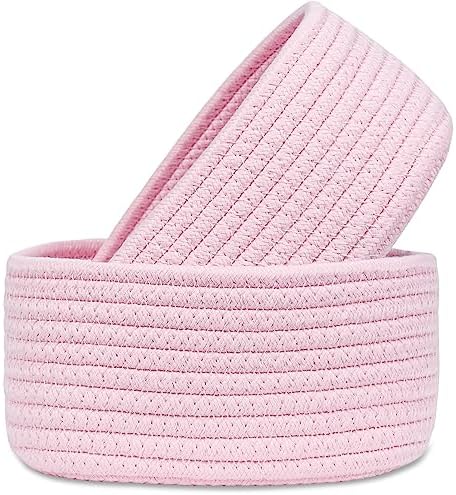【2 Pack】ABenkle Small Woven Baskets, Tiny Oval Shallow Storage Baskets, Mini Cotton Rope Empty Decorative Basket, Boho Little Organizer Bins for Bathroom, Cat Dog Toy Gifts Baskets