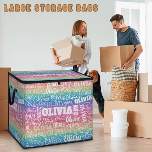 Personalized Name Large Storage Basket with Lid, Bling Bling Colorful Glittering Canvas Storage Bins Quilt Clothes Organizer for Bedroom, Kitchen, Bathroom, Nursery, Shelves, Closets