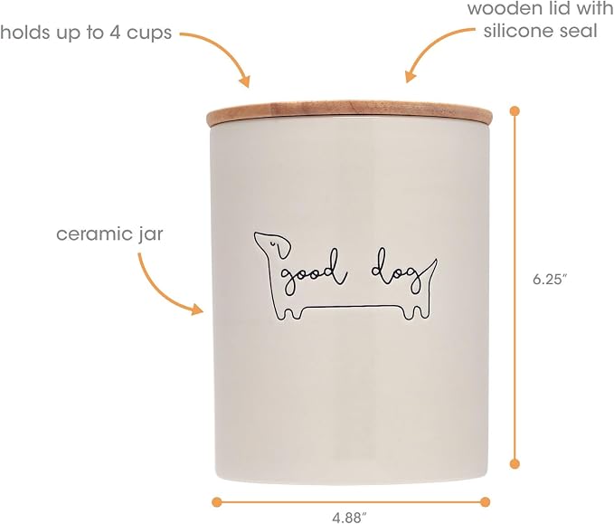 Pearhead Good Dog Ceramic Treat Jar with Airtight Wooden Lid | 4 Cup / 32 oz, Cute Pet Treat Canister Keeps Dog Snacks Fresh – Durable, Easy-to-Clean Design, Kitchen Counter Décor
