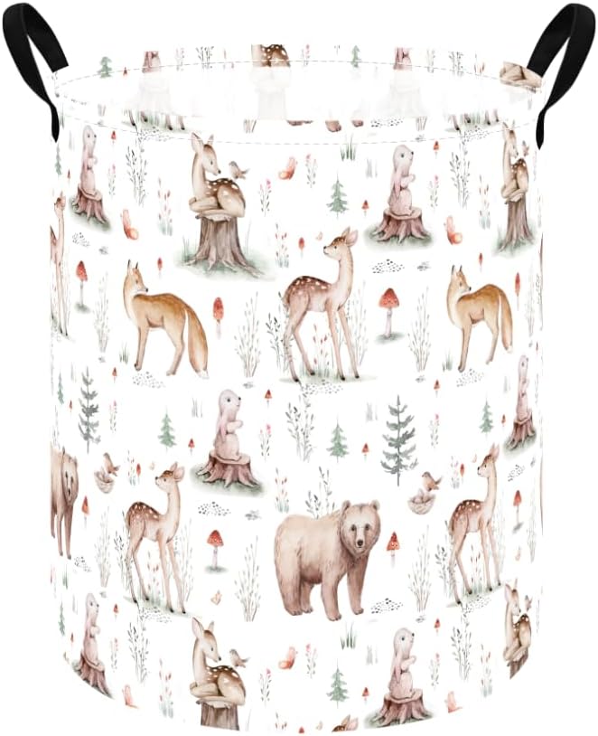 MAIZMZ Woodland Animal Storage Bin, Waterproof Lining Laundry Basket with Leather Handles for Kids Room, Gifts