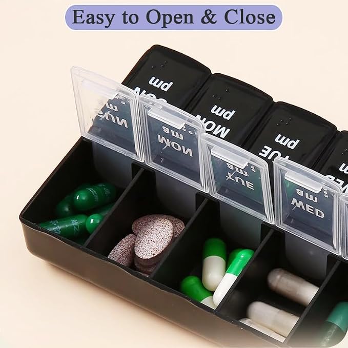 Daily Pill Organizer Box, Travel Large Size Pill Case Dispenser | 14-day Weekly Medicine Supplement Holder, Portable Vitamin Sorter Fish Oil Capsule Tablet DHA Container, Black + Transparent