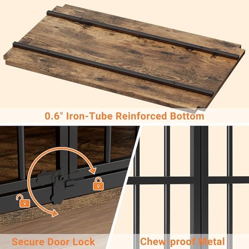 YaFiti 31.5" Wooden Dog Crate Furniture for Medium/Small Dogs, Rustic Brown | Adjustable Feeder, 2 Bowls, Chew-Resistant, Heavy Duty, Dog Kennel Indoor, Decorative Side End Table, Pet Cage House