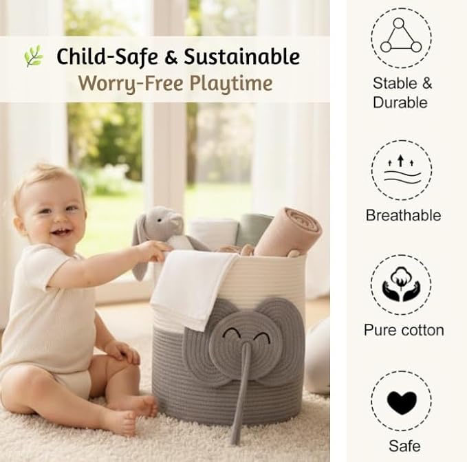 Collapsible laundry baskets for Kids, 25L Woven Cotton Rope Bin with Elephant Design, Cutout Handles, Foldable & Washable Baby-Safe Toy Organizer for Stuffed Animals, Laundry, Clothes (Elephant)