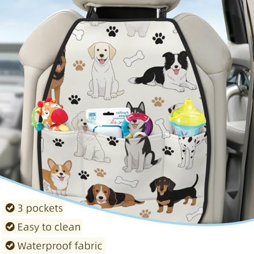 Car Seats Back Protector 2 PCS - Cute Dogs | with 3 Storage Pockets, Shield Seats From Dirt, Mud Scratches, Fits Cars SUVs Trucks and Jeeps