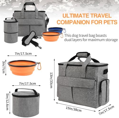 Dog Travel Bag with 2 Food Containers Collapsible Bowls & Feeding Mat, Grey