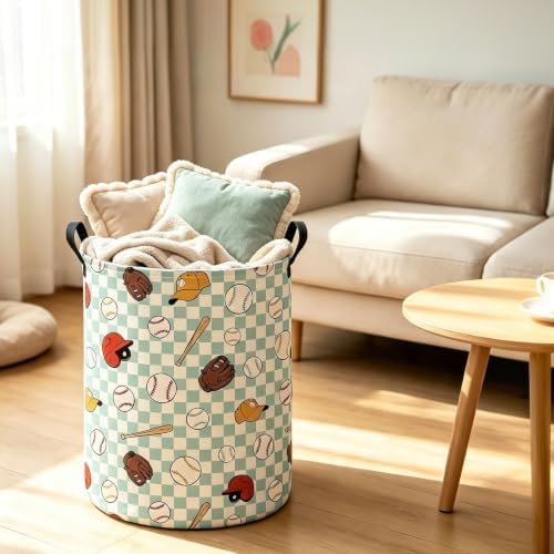 Round Laundry Basket Collapsible Storage Hamper Green Grid Baseball | Waterproof Canvas Foldable Baskets with sturdy Handles Multi-scene Organizer for Home Play Bedroom Gift Bin
