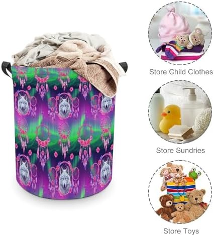 Large Foldable Laundry Basket Flower Dream Catcher Boho Wolf, Waterproof Hamper with Handles for Clothes, Toys, and Towel Organization at Home