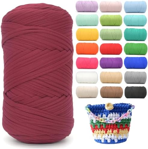 400g Tshirt Yarn for Crochet,Burgundy T Shirt Soft Elastic Fabric Chunky Thick T-Shirt Crochet Yarn for Crocheting Knitting Beginner Hand Knitting for Bag/DIY Craft/Home Decor-Burgundy