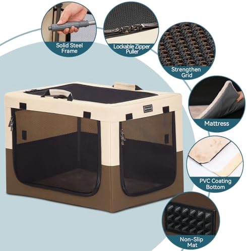 PETSFIT Portable Dog Crate for Medium Dogs, – 30" Soft Dog Travel Crates with Lockable Zippers & Thicken Mat, Adjustable Patented Spiral Steel Frame, Collapsible Kennel for Indoor & Outdoor