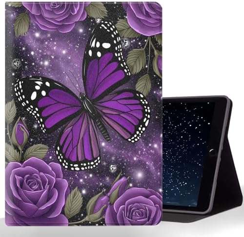 Tablet Case for iPad 10.2 Inch (9th/8th/7th Gen),Shockproof Protective Cover with Stand,Auto Wake/Sleep,Auto Wake/Sleep,Purple Butterfly Rose