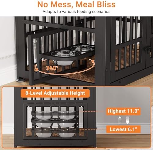 YaFiti 31.5" Dog Crate Furniture, Wooden Dog Kennel with Bowl, Rustic Brown | Adjustable 360° Rotating Feeder, Name Tag, for Small Dogs, Chew-Resistant, Heavy Duty, Side End Table, Decorative Pet Cage