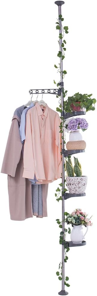 BAOYOUNI Plant Stand 5-Tier Tension Rod Pole Flower Holder Rack ，Grey | Indoor Vertical Garden Shelf，Space-Saving Corner Organizer,Adjustable Height for Flower Display Rack 4 Trays&1 Hook