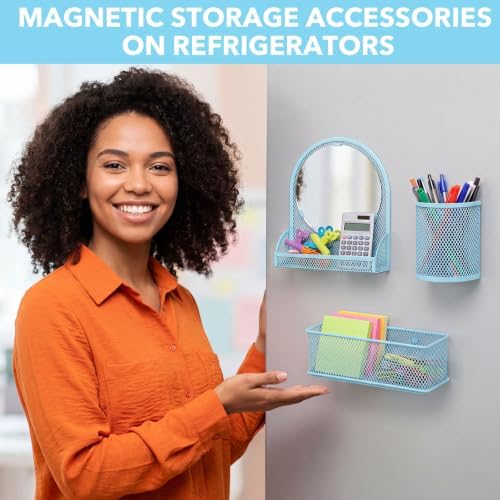 Weysat Set of 5 Magnetic Locker Accessories Mirror with 2 Magnetic Pen Holder and 2 Wire Mesh Storage Basket for Students Back to School Locker Organizer for Office End of School Years Gifts(Blue)