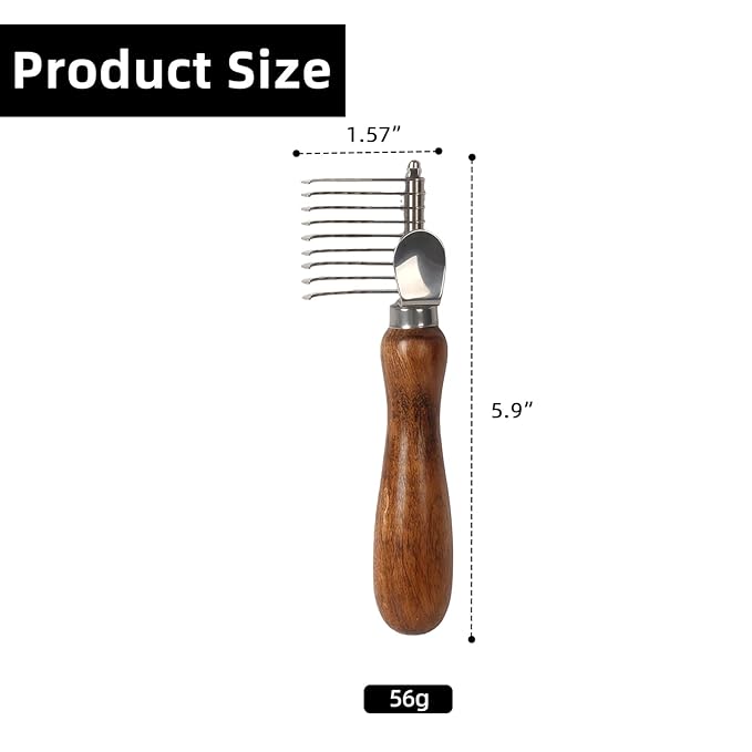 Dog Dematting Comb with Wooden Handle Stainless Steel Safety Blades Dog Dematting Fur Rake Brush Pet Grooming Tool for Long Haired Dogs&Cats Remove Loose Hair Undercoat Mats Knots Tangles