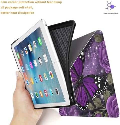 Tablet Case for iPad 10.2 Inch (9th/8th/7th Gen),Shockproof Protective Cover with Stand,Auto Wake/Sleep,Auto Wake/Sleep,Purple Butterfly Rose