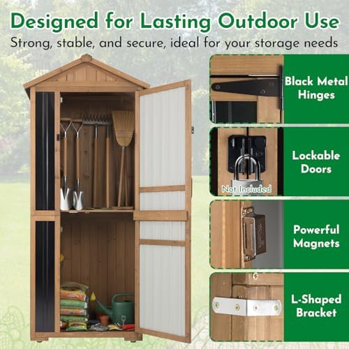 Ketive Outdoor Storage Cabinet 70 Inch, Wooden Vertical Garden Tool Storage Shed with Adjustable Shelves, Waterproof Roof, Lockable Doors, Small Backyard Utility Cabinet for Patio Garage